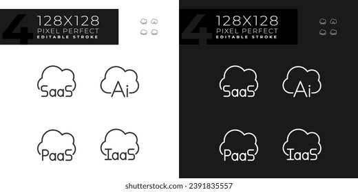 Structure of cloud computing pixel perfect linear icons set for dark, light mode. Virtual services for data. Thin line symbols for night, day theme. Isolated illustrations. Editable stroke