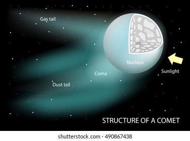 Structure Of A Comet. Diagram Showing The Nucleus, Coma, Dust Tail And Ion Tail.