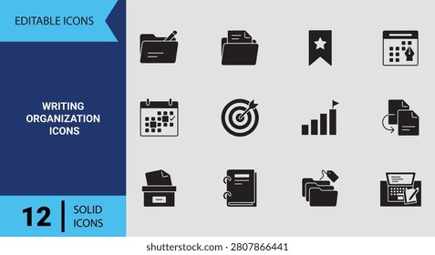 Structure complex manuscript frameworks with solid writing organization icons designed for informational layout architecture and editorial content project management platforms.