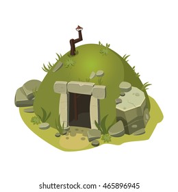 The structure for computer games, home, building, water, rocks, Cartoon, vector illustration