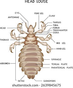 Structure of female head louse (Pediculus humanus) insect for biology lesson	