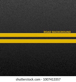 Structure of granular asphalt. Asphalt texture with two yellow line road marking. Abstract road background. Vector illustration 