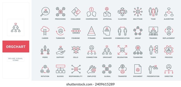 Structure and hierarchy of corporate company, org chart line icons set. Leadership pyramid, communication between groups and teams thin black and red outline symbols, organogram vector illustration