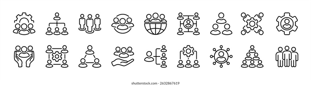 Structure hierarchy organization management thin line icon set. Contains group of people, person, human resource. Teamwork, team, diagram chart infographic employee with gear setting symbol