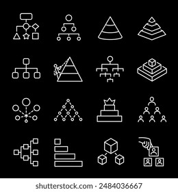 Structure and hierarchy, white line icons. Organizational charts and hierarchies. Essential for business and management themes. Symbols on black background. Editable stroke.