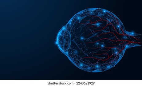 Estructura del ojo humano. Diseño poligonal de líneas y puntos. Fondo azul.