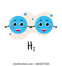 Structure of hydrogen molecule. Cartoon character. Study of chemistry. Vector illustration.