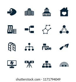 Structure icon. collection of 16 structure filled icons such as modern curved building, building   isolated  sign symbol, temple. editable structure icons for web and mobile.