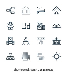 Structure icon. collection of 16 structure outline icons such as modern curved building, pylon, hospital, cargo barn, building. editable structure icons for web and mobile.