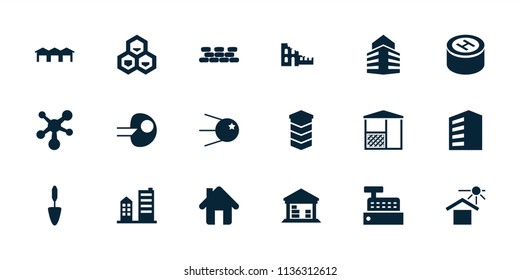 Structure icon. collection of 18 structure filled icons such as building, trowel, house under sun, cargo barn, home, garage. editable structure icons for web and mobile.