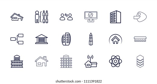 Structure icon. collection of 18 structure outline icons such as building, atom, house building, garage, home, home signal. editable structure icons for web and mobile.