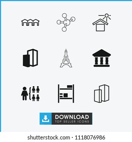 Structure icon. collection of 9 structure filled and outline icons such as bank, building, house under sun, garage, cargo barn. editable structure icons for web and mobile.