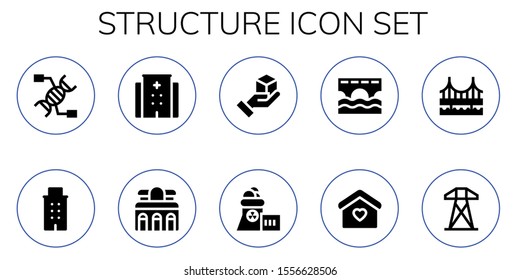 structure icon set. 10 filled structure icons.  Simple modern icons about  - Dna, Building, Hospital, Museum, Cube, Nuclear plant, Bridge, Home, Electric tower