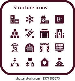 structure icon set. 16 filled structure icons.  Simple modern icons about  - Periodic table, Atomic, Nuclear plant, Bridge, Hierarchical structure, Dna, Garage, Hospital, Electric tower