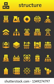 structure icon set. 26 filled structure icons.  Simple modern icons about  - Human body, Cubes, Nuclear plant, Hospital, Connect, Home, Garage, Hierarchical structure, Fountain