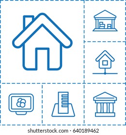 Structure icon. set of 6 structure outline icons such as cargo barn, home, building, atom on display