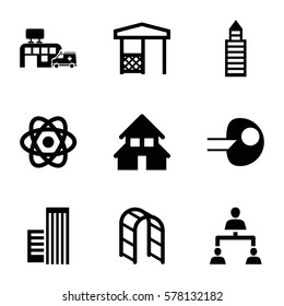 structure icon. Set of 9 structure filled icons such as building, gazebo, playground ladder, hospital, structure, house building, atom
