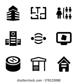 structure icon. Set of 9 structure filled icons such as building, structure, gazebo, hospital, plan, atom interaction