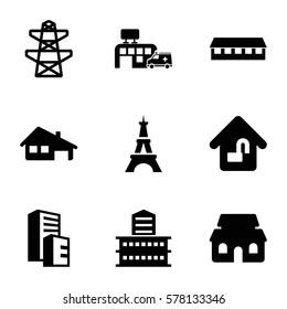 structure icon. Set of 9 structure filled icons such as building, barn, Eiffel Tower, pylon, hospital, house building