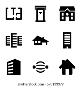 structure icon. Set of 9 structure filled icons such as building, door with heart, house, home, house building, plan