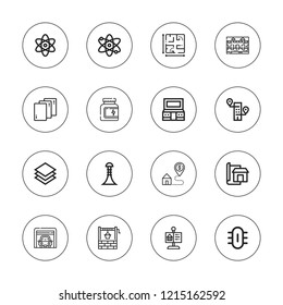 Structure icon set. collection of 16 outline structure icons with atom, biology, bridge, building, buildings, blueprint, garage, layers, home, museum, protein icons.