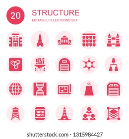 structure icon set. Collection of 20 filled structure icons included Building, Eiffel tower, Parthenon, Roof, Tower bridge, Anywhere, Garage, Molecules, Hierarchical structure