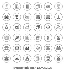 Structure icon set. collection of 36 outline structure icons with bridge, building, blueprint, circle, connection, courthouse, dna, cube, flow chart icons. editable icons.