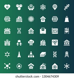 structure icon set. Collection of 36 filled structure icons included Positive ion, Home, Bungalow, Garage, Molecule, Water tower, Dna, Layers, Hierarchical structure, Eiffel tower