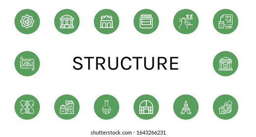 structure icon set. Collection of Nanotechnology, Parthenon, Fire station, Hormones, Power plant, Blueprint, Genomics, Great wall of china, Chemistry, Dome greenhouse, Eiffel tower icons