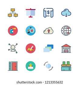 structure icon set. vector set about networking, factory, entrance and cloud computing icons set.
