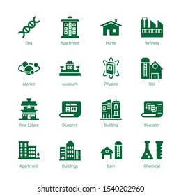 structure icons. Editable 16 structure icons. Included icons such as Dna, Apartment, Home, Refinery, Atomic, Museum, Physics, Silo, Real estate. structure trendy icons for web.