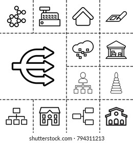 Structure icons. set of 13 editable outline structure icons such as plan, house building, house, atom, structure, cargo barn, building, defragmentation