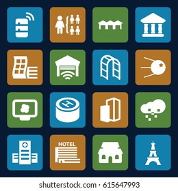 Structure icons set. set of 16 structure filled icons such as modern curved building, Eiffel Tower, structure, playground ladder, hospital, bank, house building, garage
