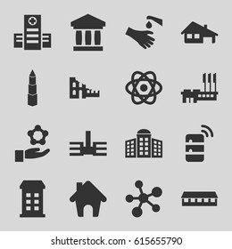 Structure icons set. set of 16 structure filled icons such as building, building   isolated  sign symbol, barn, hospital, hands washing, house building, home, server