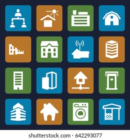 Structure icons set. set of 16 structure filled icons such as barn, door with heart, building, house, gazebo, house under sun, structure, home, washing machine, home signal