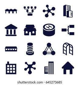 Structure icons set. set of 16 structure filled icons such as connection, house building, building, barn, playground ladder, bank, garage, hospital