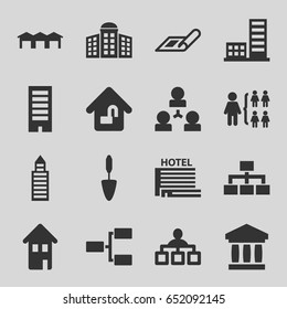 Structure icons set. set of 16 structure filled icons such as plan, building   isolated  sign symbol, building, structure, trowel, home, home lock, garage, hotel