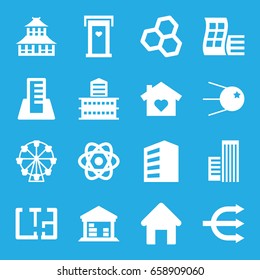 Structure icons set. set of 16 structure filled icons such as house building, modern curved building, building, door with heart, temple, cargo barn, plan, atom, core