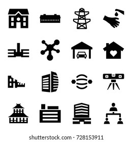 Structure icons set. set of 16 structure filled icons such as barn, temple, business center, house, level ruler, pylon, hands washing, structure, building, garage, atom