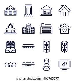 structure icons set. Set of 16 structure outline icons such as barn, building, business centre, building   isolated  sign symbol, business center, cargo barn, home, builidng