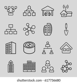 Structure icons set. set of 16 structure outline icons such as building, trowel, home, builidng, hospital, garage, home signal