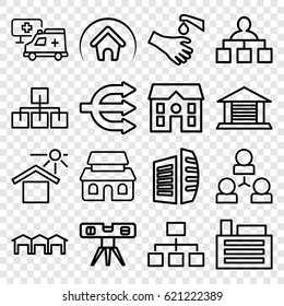 Structure icons set. set of 16 structure outline icons such as structure, business center, house, level ruler, hands washing, house under sun, hospital, house building, garage