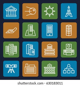 Structure icons set. set of 16 structure outline icons such as plan, business centre, building, eiffel tower, structure, level ruler, hospital, hotel, core