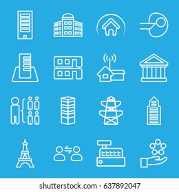 Structure icons set. set of 16 structure outline icons such as business centre, building   isolated  sign symbol, building, eiffel tower, structure, pylon, house builidng