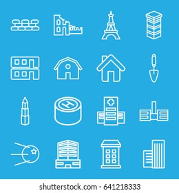 Structure icons set. set of 16 structure outline icons such as building, barn, eiffel tower, business center, trowel, hospital, home, house builidng, builidng, brick wall