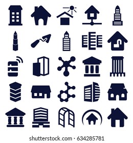 Structure icons set. set of 25 structure filled icons such as building, business center, trowel, playground ladder, house under sun, bank, home, house building, home lock