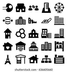 Structure icons set. set of 25 structure filled icons such as plan, building, modern curved building, business center, temple, eiffel tower, gazebo, cargo barn, home, garage