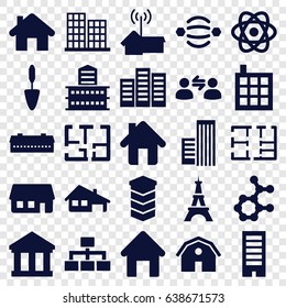 Structure icons set. set of 25 structure filled icons such as barn, house building, building, business center, eiffel tower, trowel, structure, home, plan, home signal