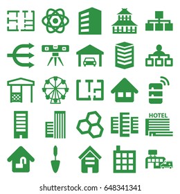 Structure icons set. set of 25 structure filled icons such as building, temple, level ruler, trowel, gazebo, hospital, home, home lock, garage, plan, hotel, server, atom