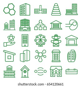 Structure icons set. set of 25 structure outline icons such as barn, building, pyramid, business center, house, pylon, house builidng, builidng, garage, atom, core